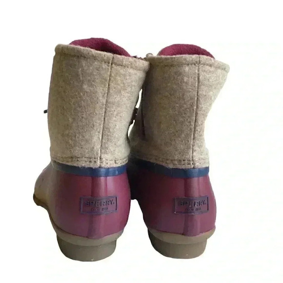 Sperry Saltwater Wool Womens 7 Rain Duck Boots Tan Burgundy Lace Up Fall Winter - Picture 5 of 8